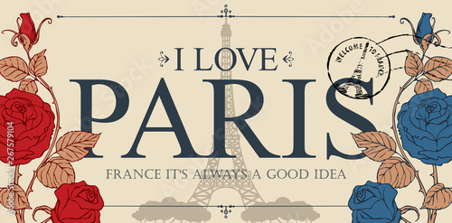 Retro postcard with the famous french Eiffel tower in Paris, France. Vector postcard in vintage style with words I love Paris, french landmark, roses and postmark