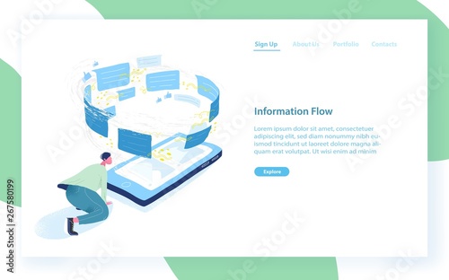 Web banner template with man, giant smartphone and vortex of messages. Information flow, internet communication, data transfer. Modern flat vector illustration for mobile application advertisement.