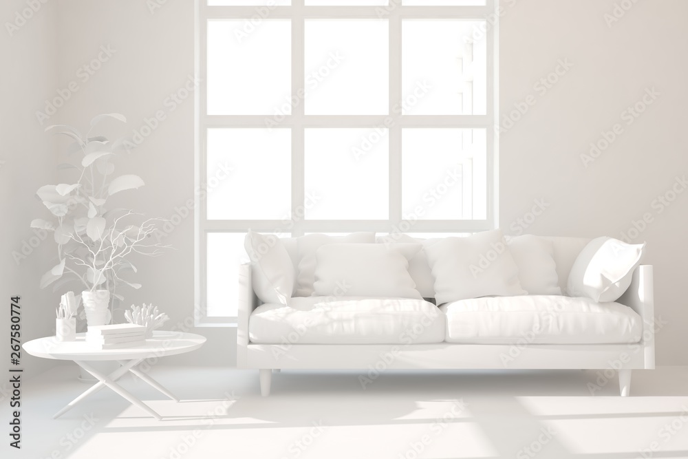 Mock up of stylish room in white color with sofa. Scandinavian interior design. 3D illustration Mock up of stylish room in white color with sofa. Scandinavian interior design. 3D illustration