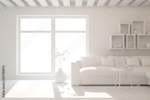 Mock up of stylish room in white color with sofa. Scandinavian interior design. 3D illustration