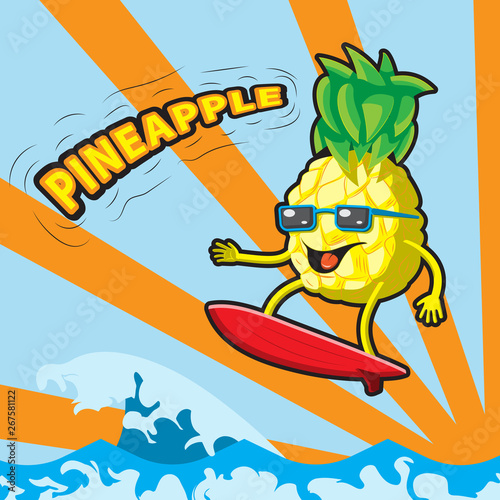 Vector illustration of colorful hipster pineapple with sunglasses, surfboard on sunny sea background. Hand draw line art design for web, site, advertising, banner, poster, board and print