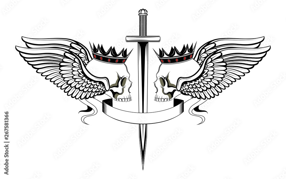 Fototapeta premium Black and white vector image of crowned skulls with wings. Image on white background.