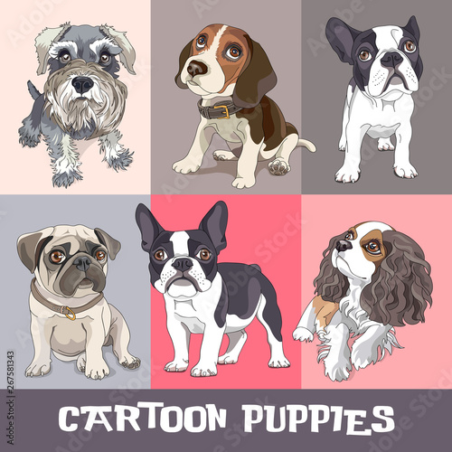 Valentine's set. Schnauzer in a bow with heart card. Pug and Beagle in a tuxedo with tie. Cavalier King Charles Spaniel with pink heart balloon. Vector illustration.