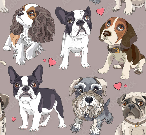 Seamless pattern with a different Cartoon puppies. Vector illustration.