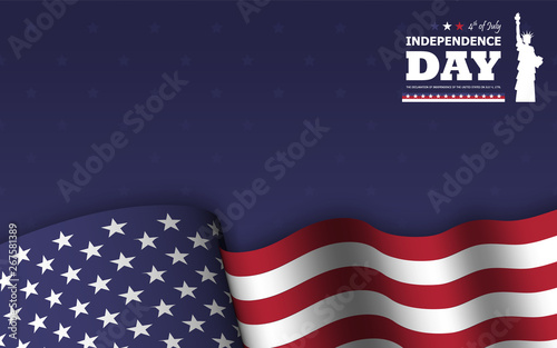4th of July happy independence day of america background . Statue of liberty flat silhouette design with text and waving american flag at lower on blue star texture . Vector .