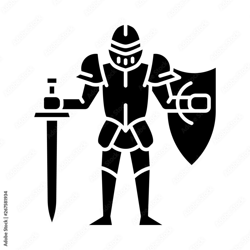 Medieval knight with shield and sword glyph icon Medieval knight with shield and sword glyph icon
