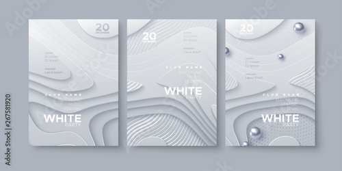 Electronic music festival. Modern posters design. White party invitation. Abstract background. White geometric wavy shapes, silver glitters and spheres. Vector illustration. Club invitation template.
