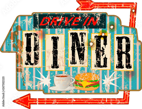 Vintage battered and distressed old diner sign, retro grungy vector illustration