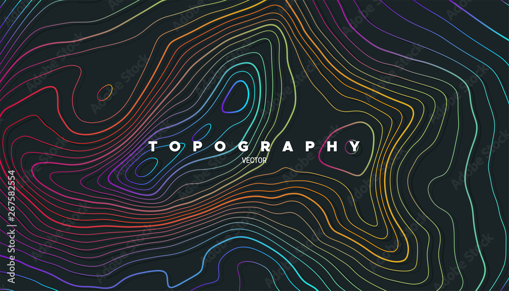 Topography relief. Abstract background. Vector illustration. Outline cartography landscape. Modern poster design. Trendy cover with wavy colorful lines