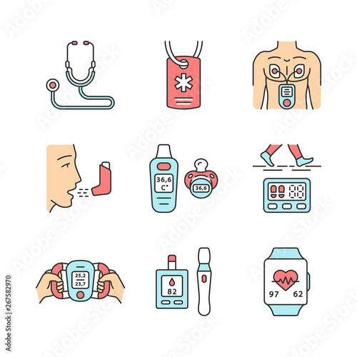 Medical devices color icons set