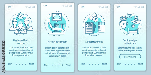 Medical service benefits onboarding mobile app page screen vector template