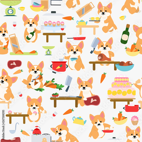 Seamless pattern. Cute dog corgi cooks are cooking in the kitchen. Baking cakes and pastries, cooking vegetables and meat. Cookware and things for cooking: pots, pans, gas stove. Vector illustration 