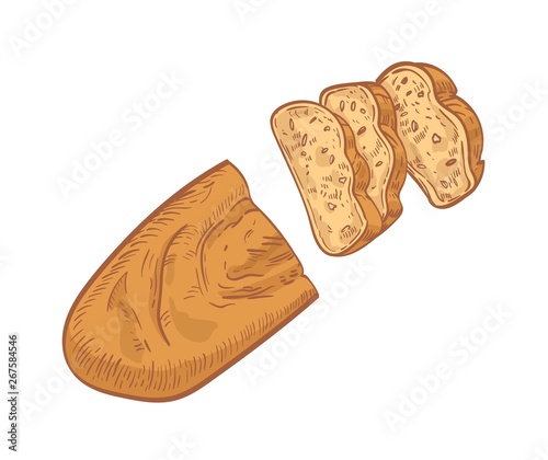 Loaf of bread cut into slices isolated on white background