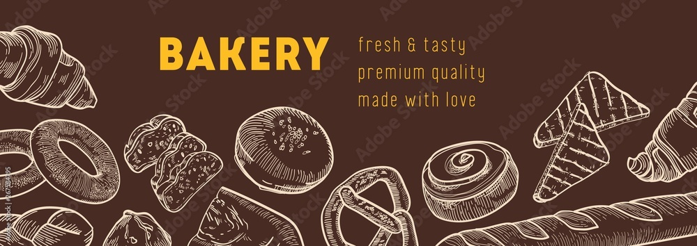 Web banner template with tasty breads and fresh baked products hand drawn with contour lines on dark background. Realistic vector illustration in vintage style for bakery or bakeshop advertisement. Web banner template with tasty breads and fresh baked products hand drawn with contour lines on dark background. Realistic vector illustration in vintage style for bakery or bakeshop advertisement.