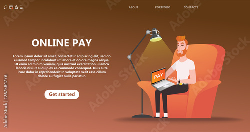 Online payment, secure secure money transfer. Cartoon character man hipster in a comfortable chair at home or office pays for a purchase using a laptop in an online store, business page template