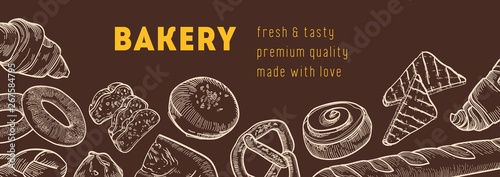 Web banner template with tasty breads and fresh baked products hand drawn with contour lines on dark background. Realistic vector illustration in vintage style for bakery or bakeshop advertisement.