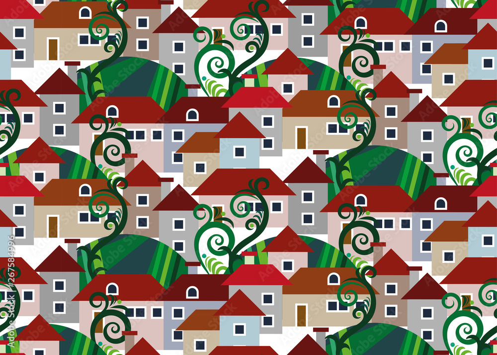 Town seamless pattern with colour houses and graphic trees Town seamless pattern with colour houses and graphic trees
