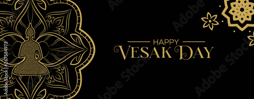 Vesak Day banner of gold lotus flower and buddha