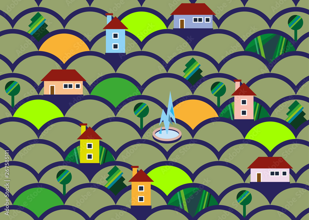 Town seamless pattern with colour houses and graphic trees