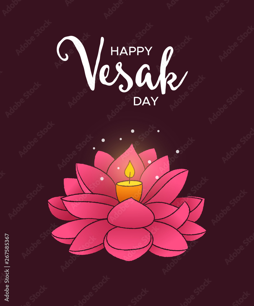 Obraz premium Vesak Day card of hand drawn lotus flower candle