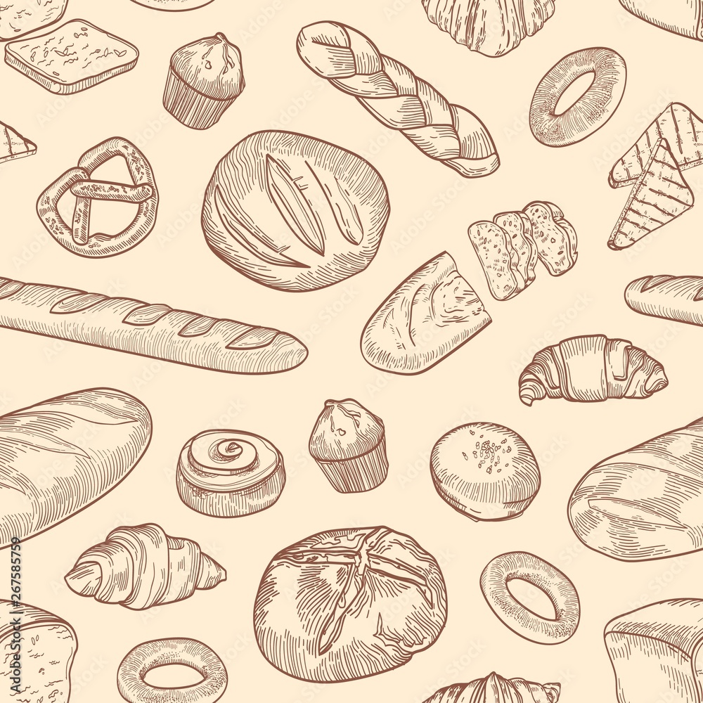 Seamless pattern with different breads and backed products hand drawn with contour lines on light background. Backdrop with bakery assortment. Elegant realistic vector illustration for wrapping paper. Seamless pattern with different breads and backed products hand drawn with contour lines on light background. Backdrop with bakery assortment. Elegant realistic vector illustration for wrapping paper.