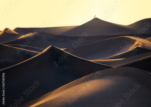 Two Hikers on Top of the Tallest Dune at Sunset