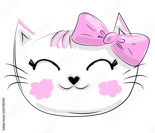 funny cat girl face in a flower chain, with text Meow. Isolated objects