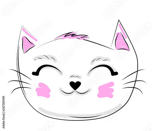 funny cat girl face in a flower chain, with text Meow. Isolated objects