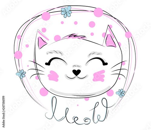 funny cat girl face in a flower chain, with text Meow. Isolated objects