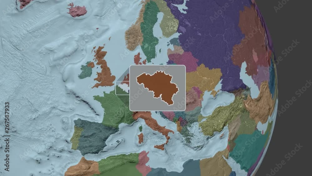 Belgium area bounds outlined on the end cap of rectangular tube and animated against the spinning administrative globe. Animation 3D Belgium area bounds outlined on the end cap of rectangular tube and animated against the spinning administrative globe. Animation 3D