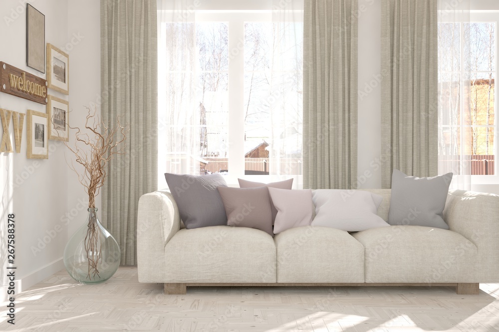 Stylish room in white color with sofa. Scandinavian interior design. 3D illustration Stylish room in white color with sofa. Scandinavian interior design. 3D illustration