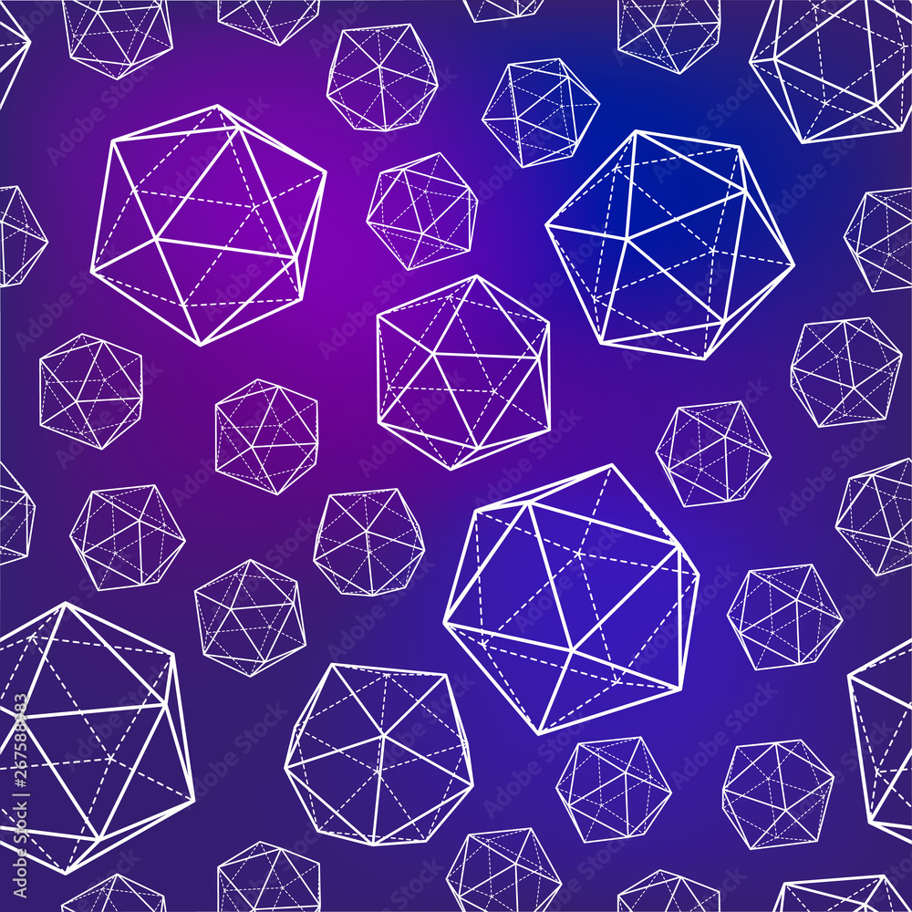 Geometric pattern with icosahedral 3d forms. Volumetric shapes polyhedrons on blur background. Geometric pattern with icosahedral 3d forms. Volumetric shapes polyhedrons on blur background.