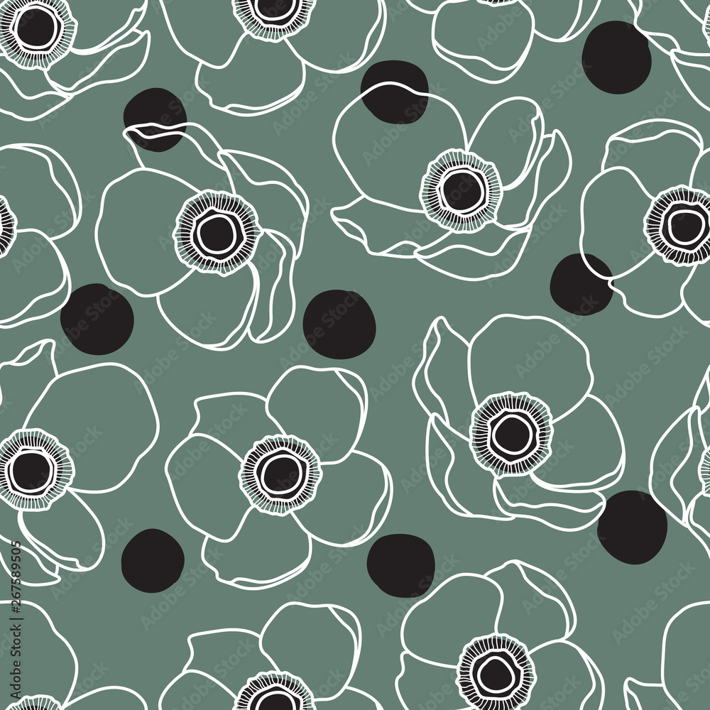 Fototapeta premium Anemone Flower Line Pattern with Black Dots