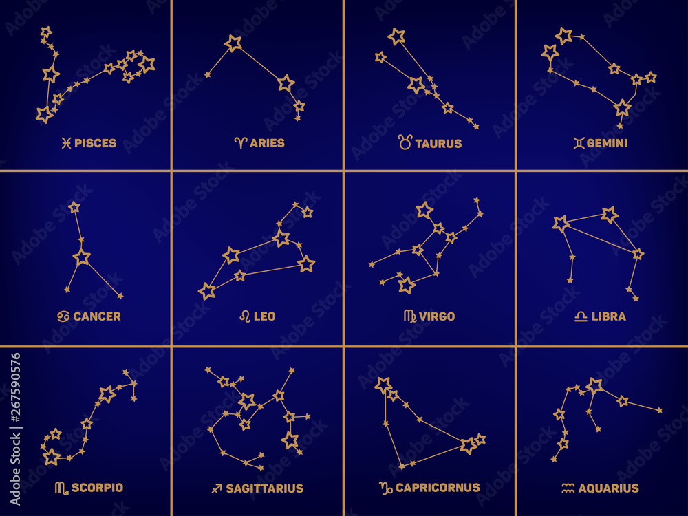 Vector set of square Zodiac signs, stars, constellations golden color in a  dark blue background. Logo, tattoo or illustration. Astrological forecast,  horoscope for a single sign. Stock Vector | Adobe Stock