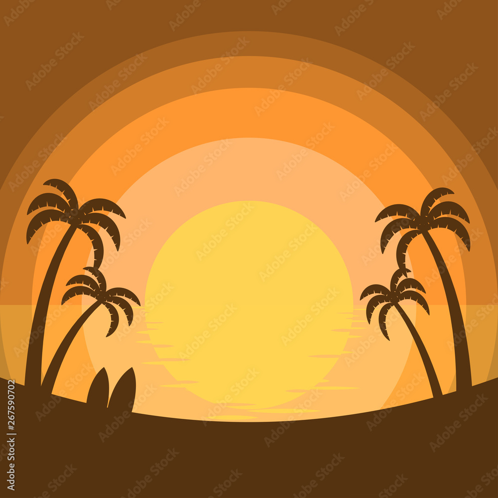 Simplified summer sunset at the sea with silhouette of coconut trees and surfboards on the beach