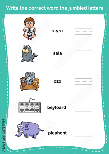 Write the correct word the jumbled letters,illustration, vector