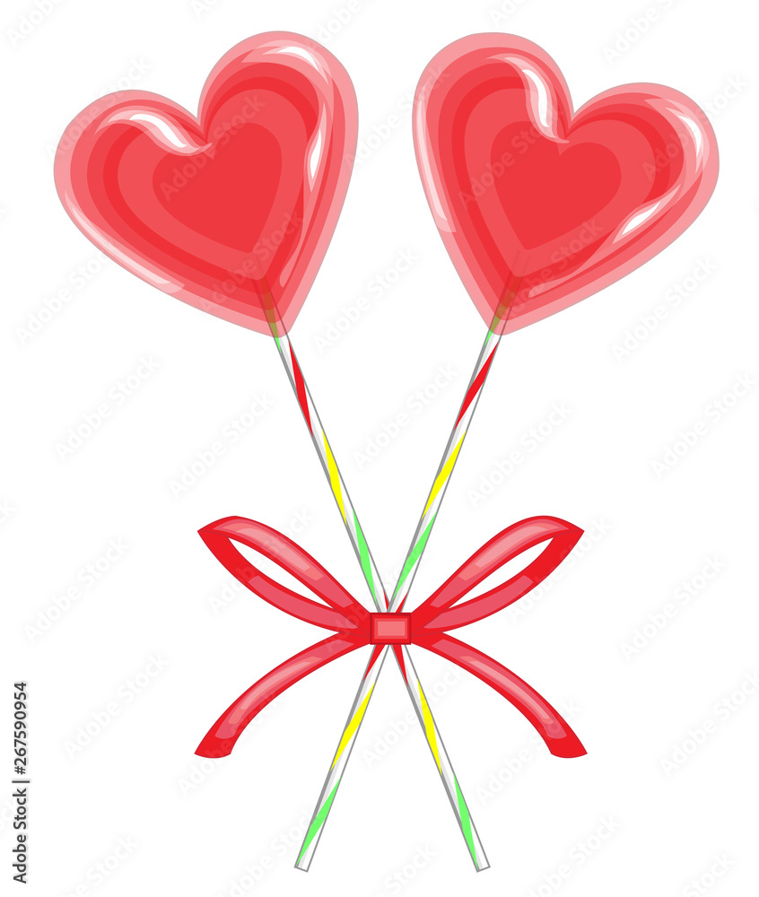 Sweet treat on a stick. Two red candies lollipop in the shape of a heart, bandaged with ribbon. Valentine s Day gift for Valentine s Day. Vector illustration