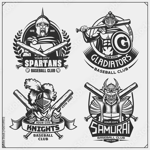 Set of baseball badges, labels and design elements. Sport club emblems with ancient warriors. Print design for t-shirt.