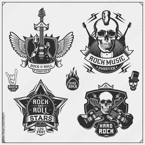 Rock'n'Roll music symbols, labels, logos and design elements. Print design for t-shirts.