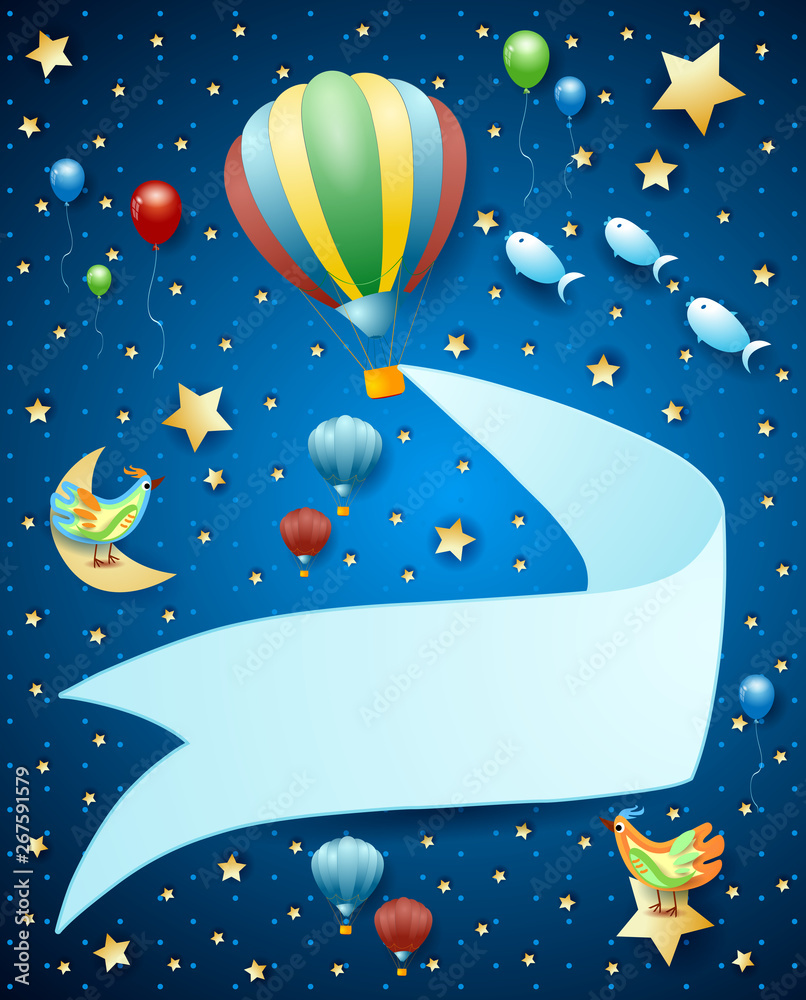 Fototapeta premium Surreal landscape by night with balloon, banner and flying fishes