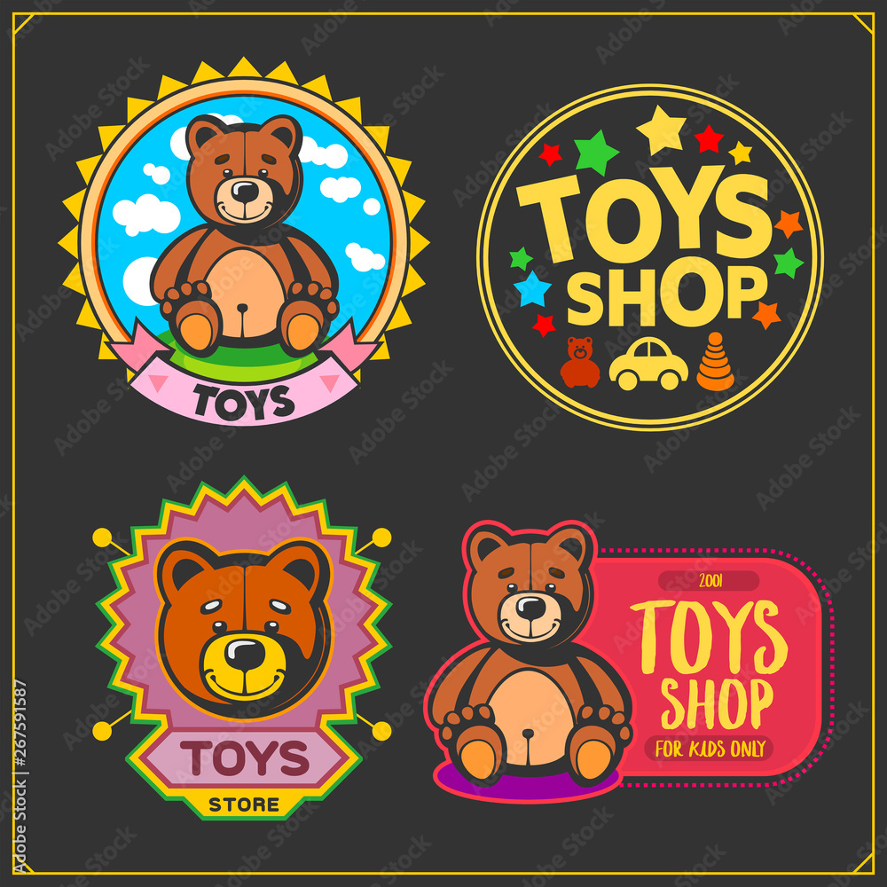 Obraz premium Toys shop and kids zone emblems, labels and design elements. Cute soft plush animal toys.