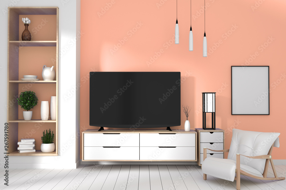TV in japanese room with decoration on egg color wall background.3d rendering TV in japanese room with decoration on egg color wall background.3d rendering
