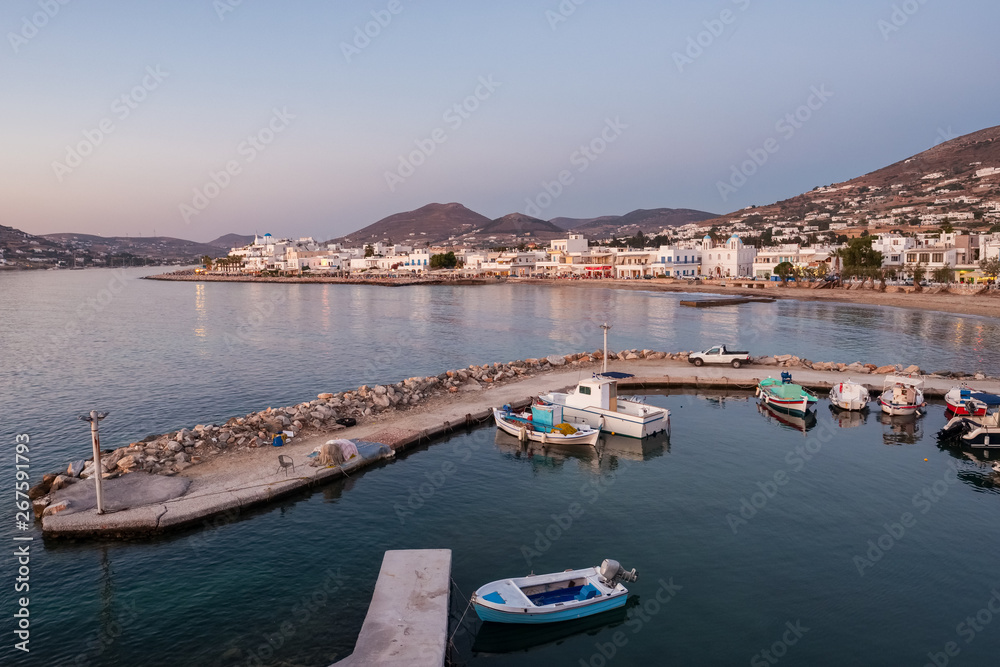 Parikia town at dusk on Paros island, Greece