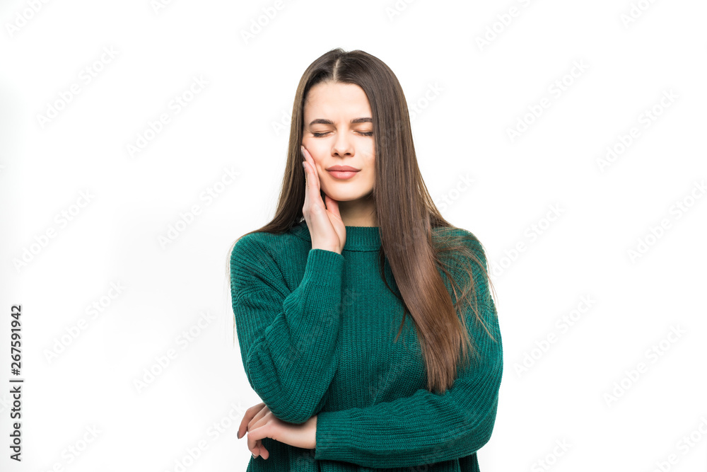 Young pretty woman theeth pain wearing in green sweater isolated on white background Young pretty woman theeth pain wearing in green sweater isolated on white background