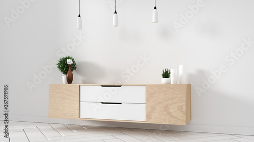 Tv cabinet in modern empty room Japanese - zen style,minimal designs. 3D rendering