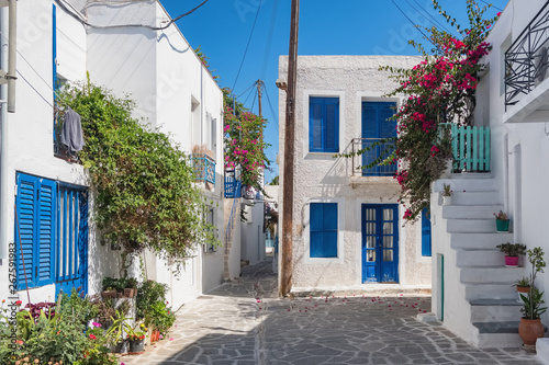 View of a typical narrow street in old town of Naoussa  Paros island  Cyclades