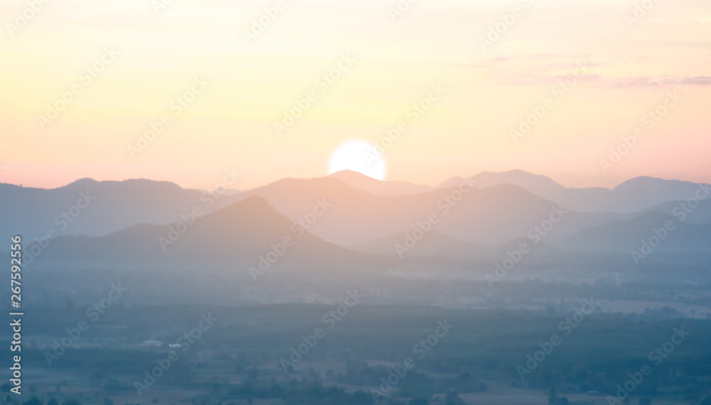 View mountains and sky with the sun of travel