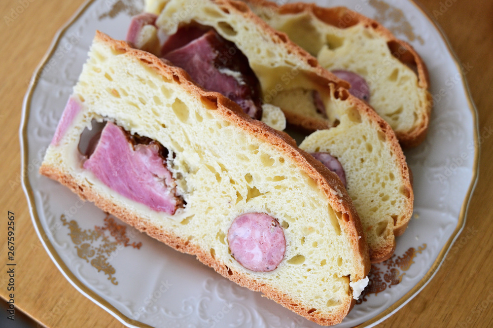 Yeast dough with meat and sausage. Yeast dough with meat and sausage.