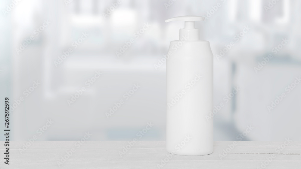 Soap dispenser on a white wooden shelf in a bathroom. Skin care and lotion product in a plastic package with empty copy space for Editor's text. Soap dispenser on a white wooden shelf in a bathroom. Skin care and lotion product in a plastic package with empty copy space for Editor's text.
