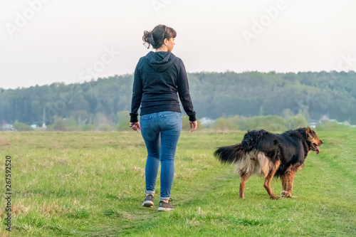 Beautiful girl walks with a German Shepherd in the field. Photo behind